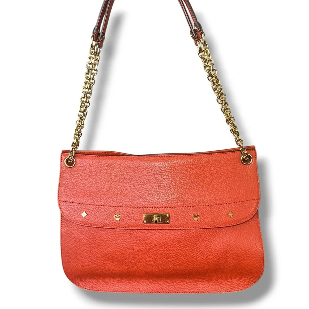 MCM Orange TWO WAY Crossbody Shoulder Pebbled Leather Bag Goldstone Korean MC265